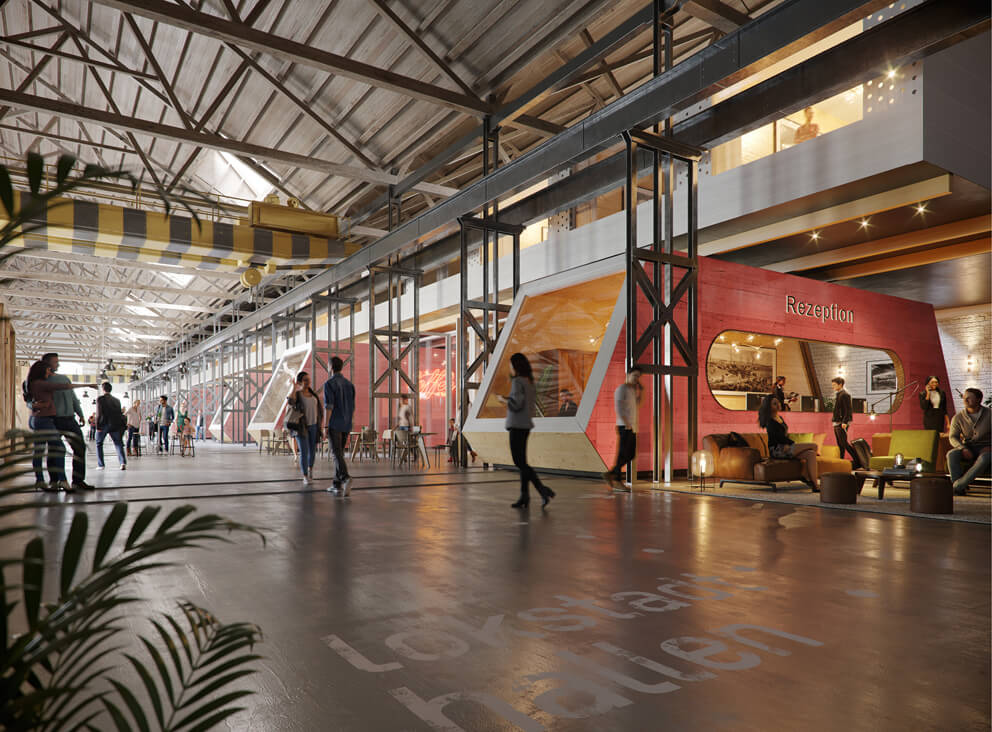 Einblick in eine Halle im Industrie-Look mit verschiedenen Menschen, die sich bewegen, unterhalten und die Umgebung erkunden.