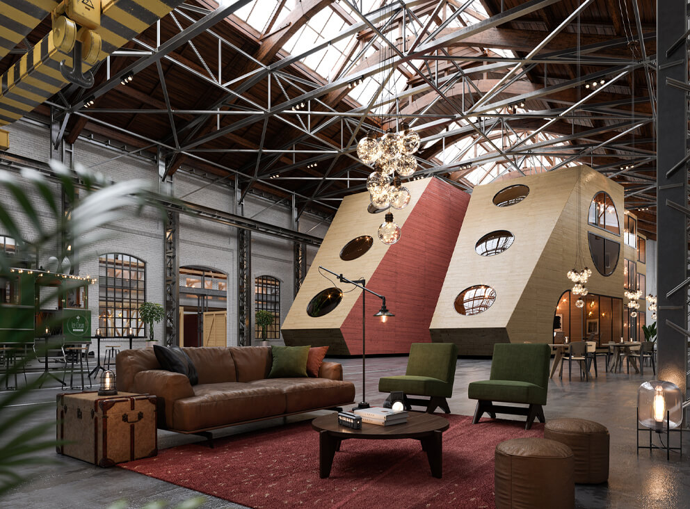 Ein grosser, offener Raum, der mit zahlreichen Möbelstücken ausgestattet ist, bietet viel Platz und Komfort. Es ist unter anderem ein roter Teppich, eine Sofa und eine Stehlampe ersichtlich.